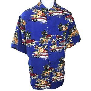 Box Office Island Men's Hawaiian Blue Cars Hot Rods Palm Trees Shirt Medium M